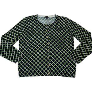 Talbots Petite Navy Green & White Diamond Plaid Cardigan Sweater - EUC